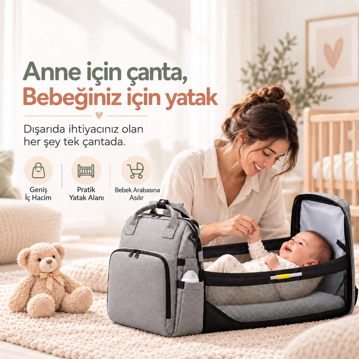 MİNUVA™ Yatak Olabilen Anne Bebek Çantası