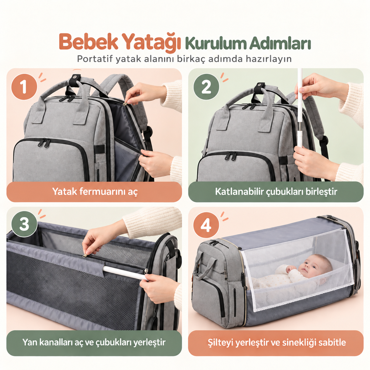 MİNUVA™ Yatak Olabilen Anne Bebek Çantası